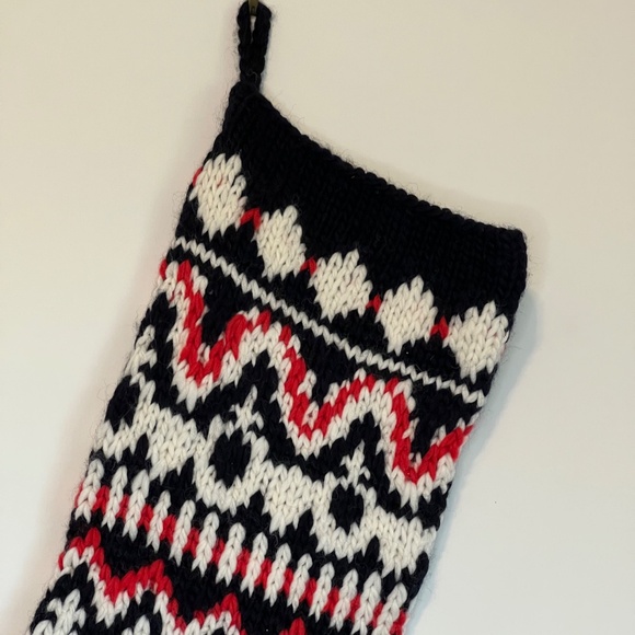 Hand Knit CHRISTMAS STOCKING Knit Black Red & White Nordic - Picture 2 of 9